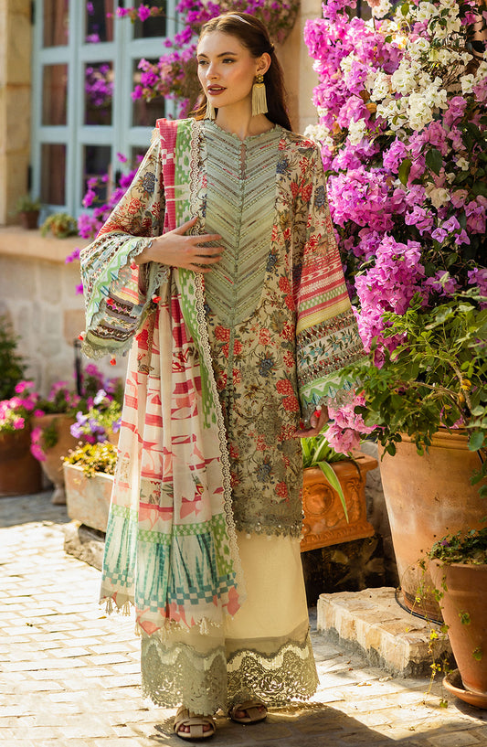 Elaf Chikankari Lawn Unstitched 3 Piece Suit - E L K - 0 1 B Giardina - EL25PC - Green - Summer Collection