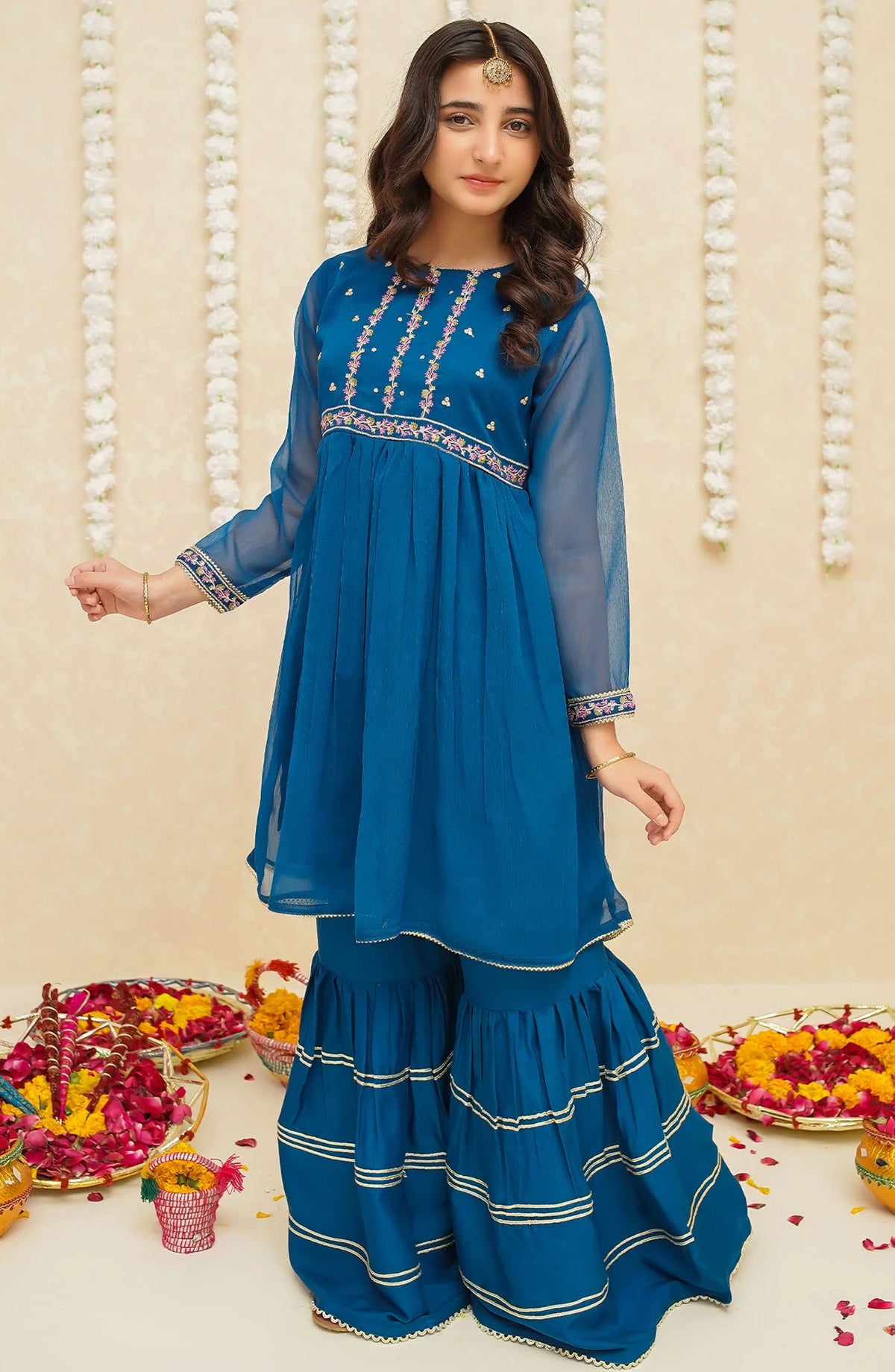 Gulzar by Modest Festive Chiffon Stitched 3 Piece Suit - 9245 Blue - MOD25G - Blue - Girls Collection