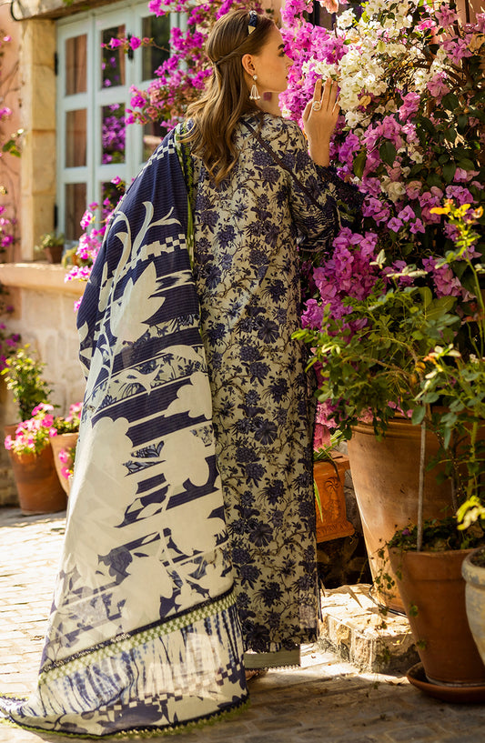 Elaf Chikankari Lawn Unstitched 3 Piece Suit - E L K - 0 1 A Blue Blossom - EL25PC - White - Summer Collection