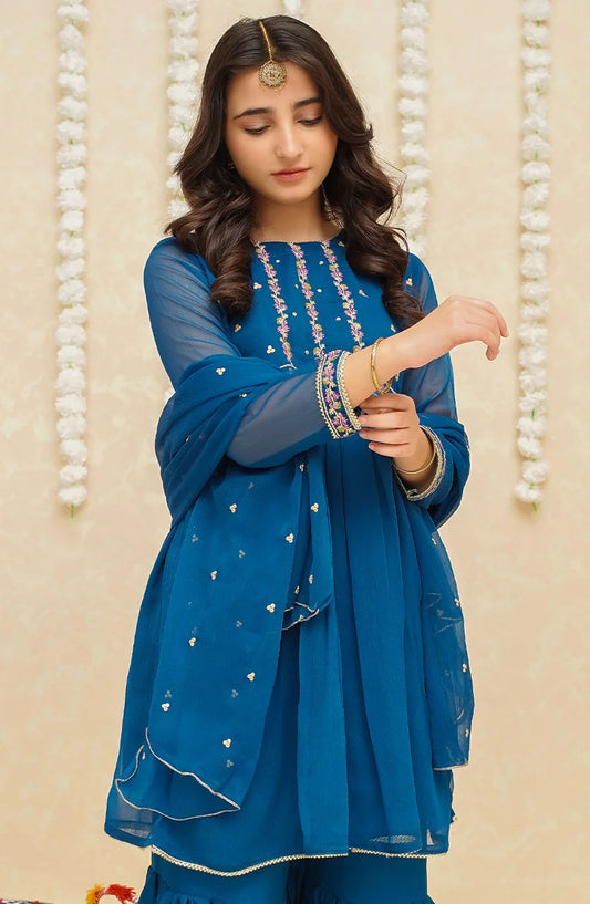 Gulzar by Modest Festive Chiffon Stitched 3 Piece Suit - 9245 Blue - MOD25G - Blue - Girls Collection