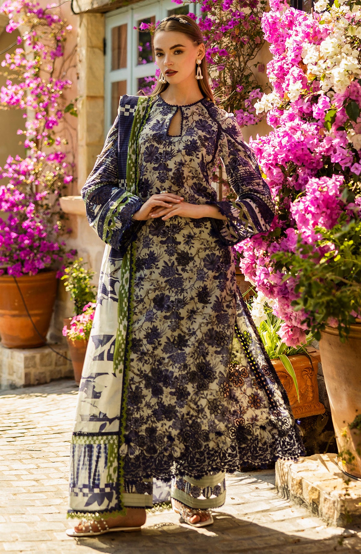 Elaf Chikankari Lawn Unstitched 3 Piece Suit - E L K - 0 1 A Blue Blossom - EL25PC - White - Summer Collection