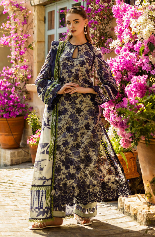 Elaf Chikankari Lawn Unstitched 3 Piece Suit - E L K - 0 1 A Blue Blossom - EL25PC - White - Summer Collection