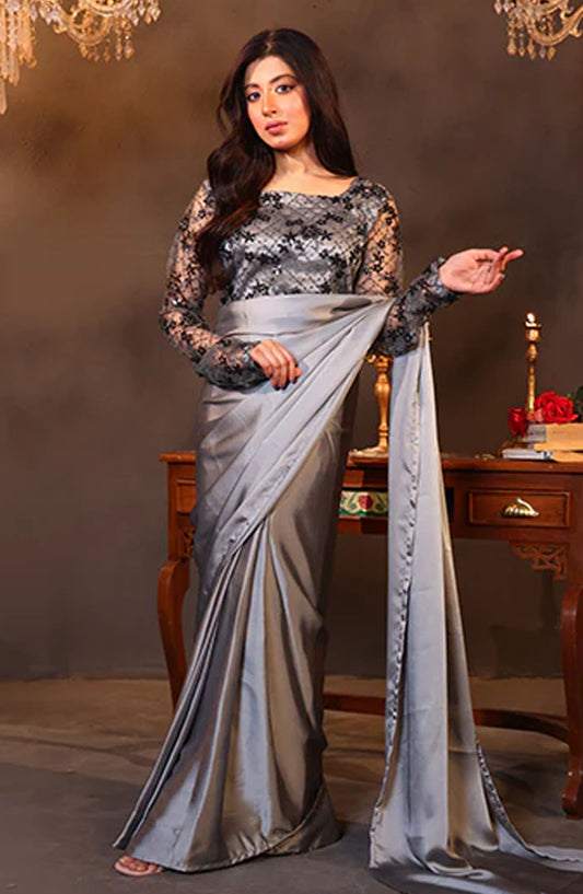Nazmina Fancy Silk Stitched Saree - Silver Affair (LL-10) - NAZ25SC - Silver - Festive Collection