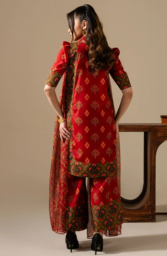 Maria Osama Khan Casual Silk Stitched 3 Piece Suit - M-017 Bloom - MOK25RV3 - Red - Festive Collection