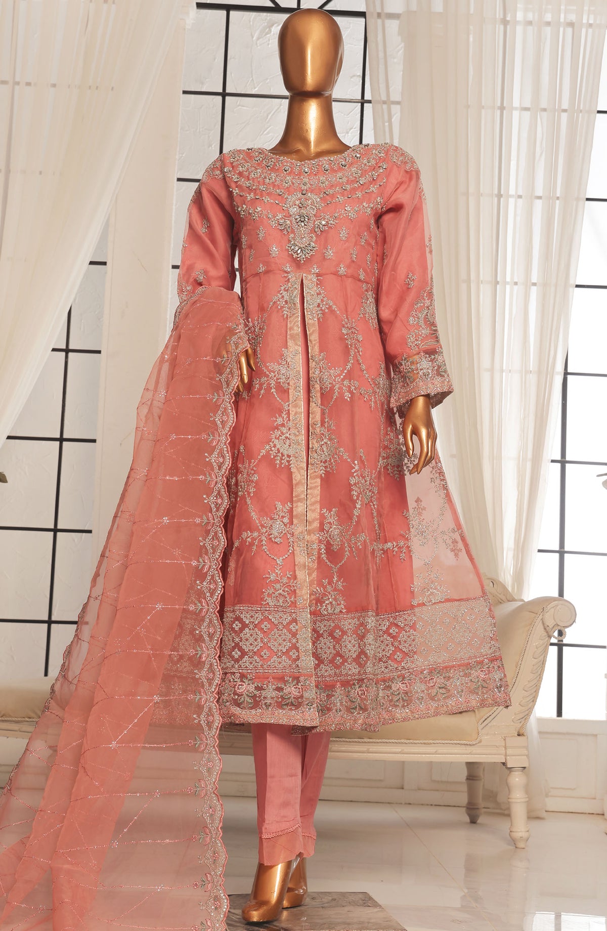 Bin Saeed Embroidered Organza Stitched 3 Piece Frock - D-05 - BS25LEO - Pink - Festive Collection