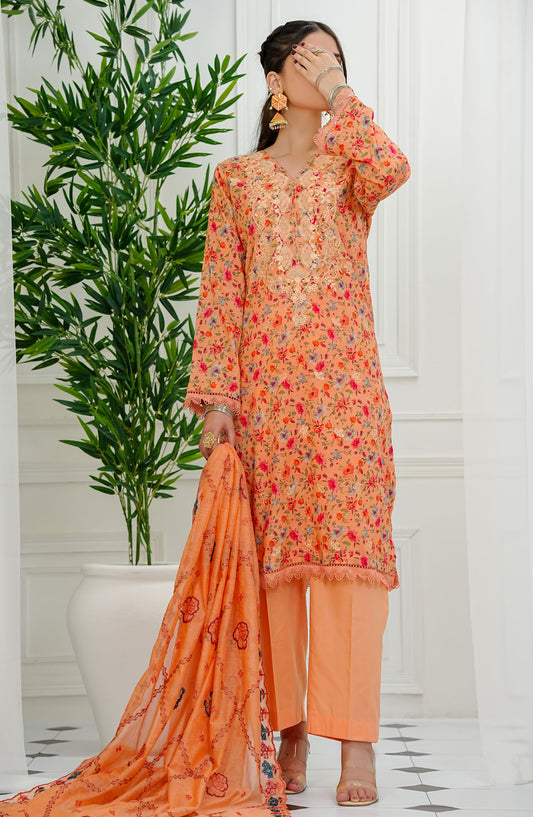 Chantelle by Amna Khadija Embroidered Lawn Stitched 3 Piece Suit - CPEEE-05 - AM25CPEEE - Orange - Summer Collection