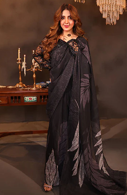 Nazmina Fancy Chiffon Stitched Saree - Noir Leaf Symphony (LL-09) - NAZ25SC - Black - Festive Collection