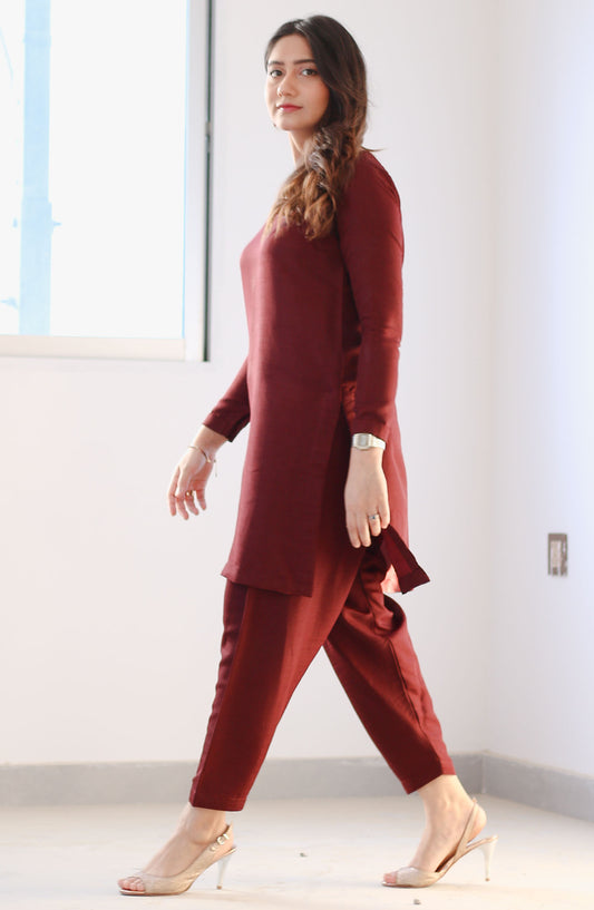 Zauk Rawsilk Stitched 2 Piece Suit - Maroon Two Piece - ZK25CC - Casual Collection