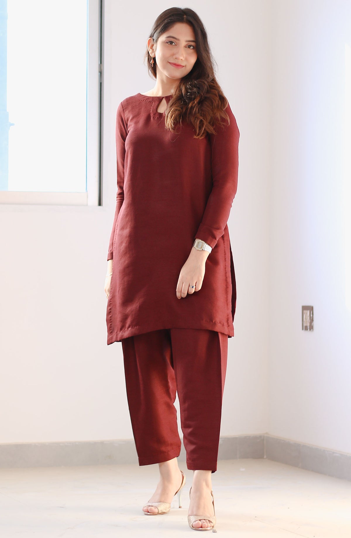 Zauk Rawsilk Stitched 2 Piece Suit - Maroon Two Piece - ZK25CC - Casual Collection