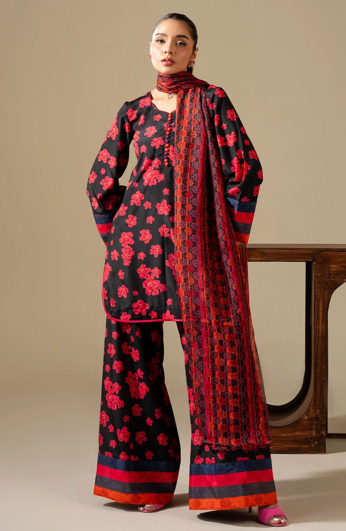 Maria Osama Khan Casual Silk Stitched 3 Piece Suit - M-015 Boho - MOK25RV3 - Black - Festive Collection