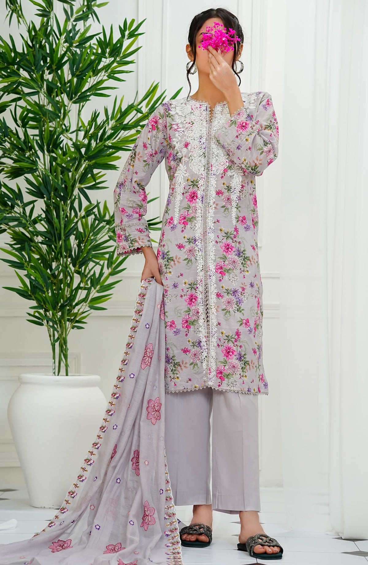 Chantelle by Amna Khadija Embroidered Lawn Stitched 3 Piece Suit - CPEEE-04 - AM25CPEEE - Grey - Summer Collection