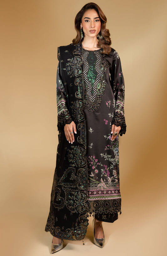 Nureh Embroidered Silk Unstitched 3 Piece Suit - Black - S-24 - NU25TSE - Festive Collection