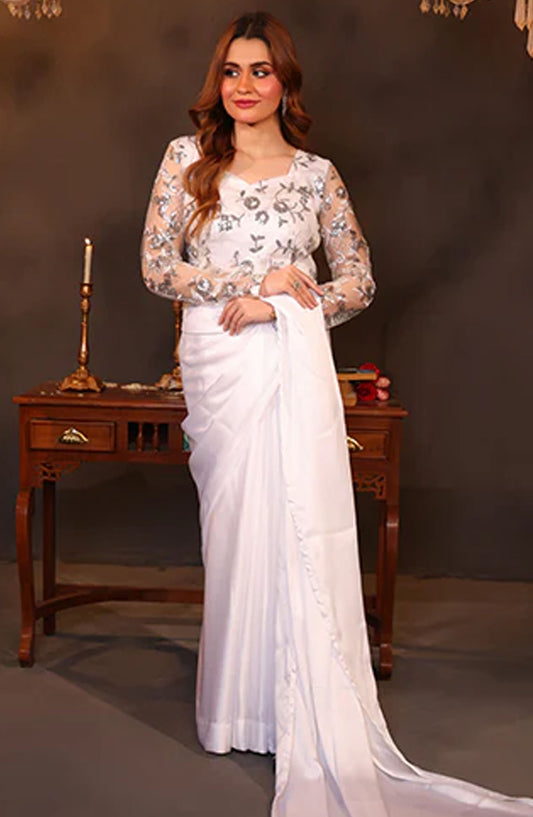 Nazmina Fancy Silk Stitched Saree - Crystal Canvas (LL-08) - NAZ25SC - White - Festive Collection