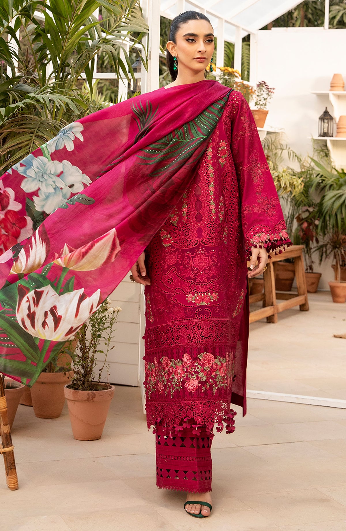 Elaf Embroidered Lawn Unstitched 3 Piece Suit - ELM-10 Gulnar - EL25LLC - Red - Summer Collection