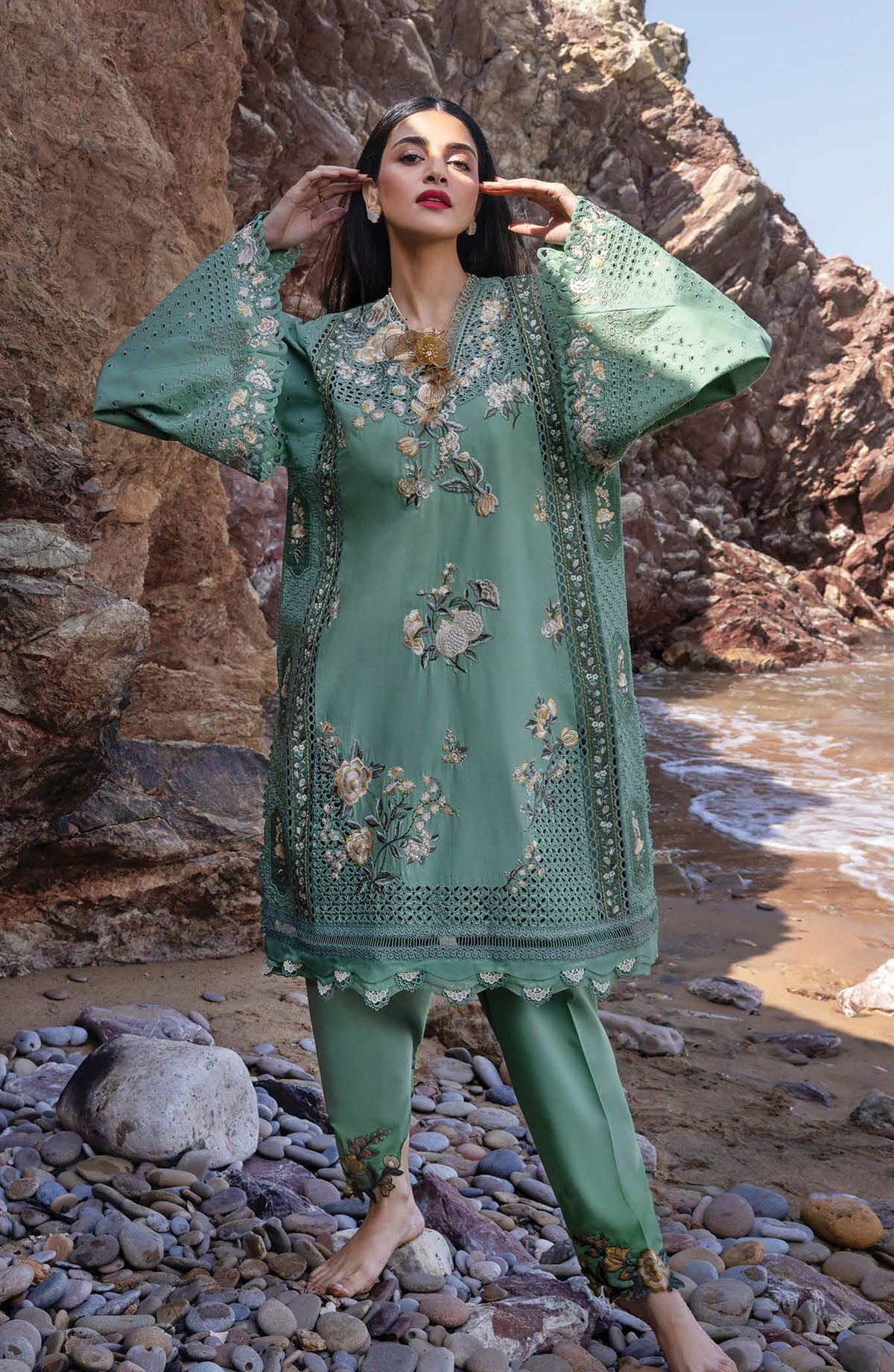 Flow by Crimson Embroidered Lawn Unstitched 3 Piece Suit - D-05 A - CRM25FL - Green - Summer Collection