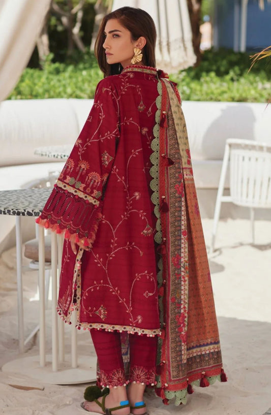 Wes by Farah Talib Embroidered Lawn Suits Unstitched 3 Piece FTA-10 Rosemary Red FTA25WL - Red - Luxury Collection