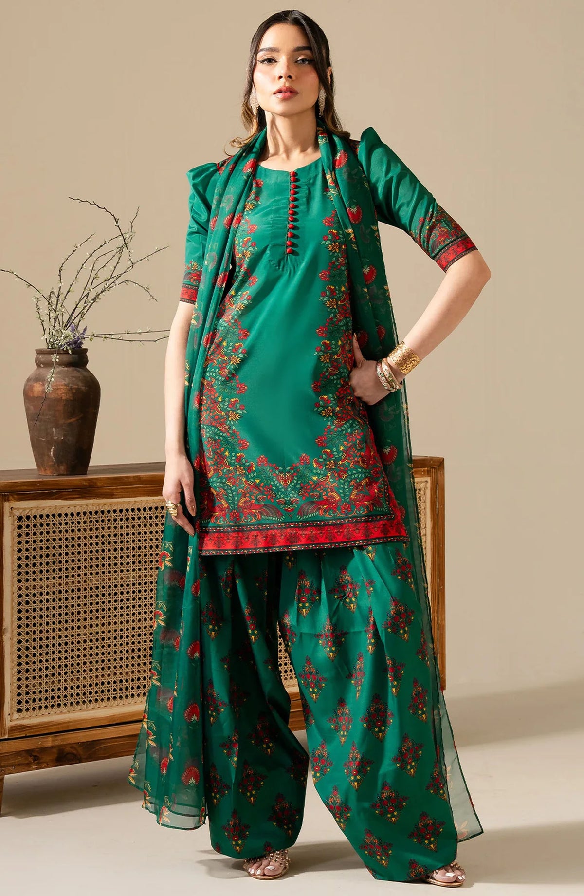 Maria Osama Khan Casual Silk Stitched 3 Piece Suit - M-014 Vivian - MOK25RV3 - Green - Festive Collection