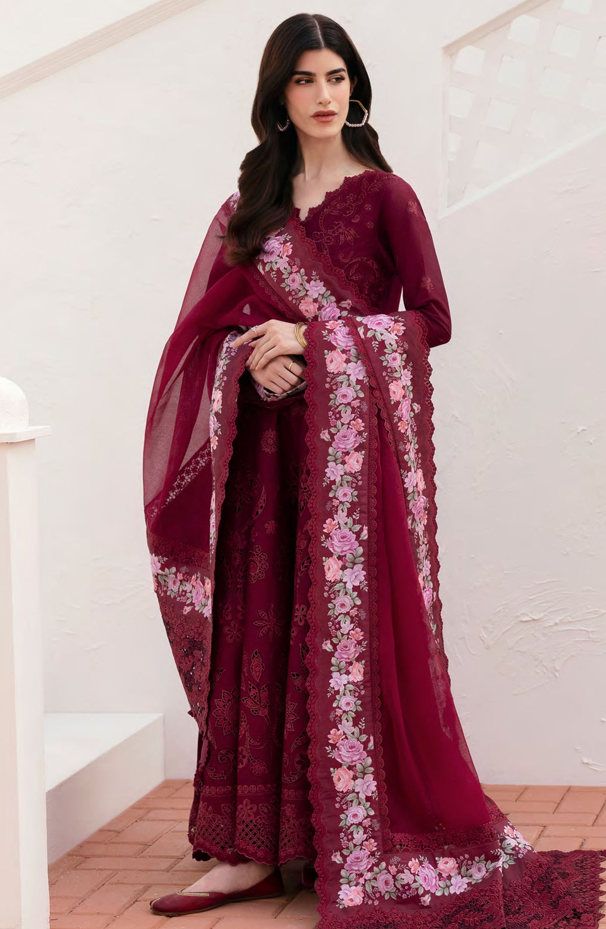 Baroque Embroidered Lawn Unstitched 3 Piece Suit - BEL-25-D05 - BQ25DEL - Red - Summer Collection