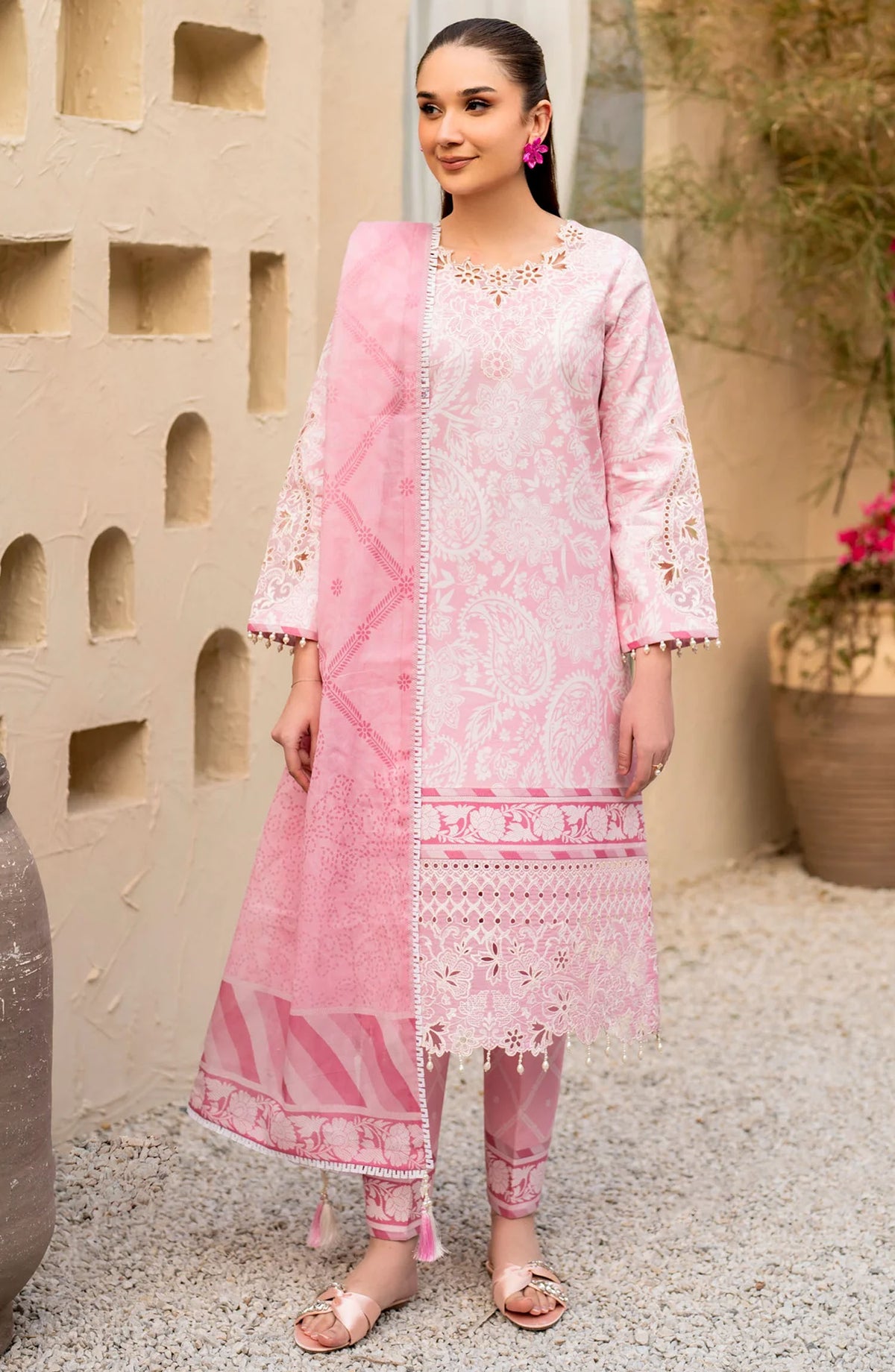 Levana by Alizeh Embroidered Lawn Unstitched 3 Piece Suit - AF-EPL-7026 Perla - AL25LL - Pink - Summer Collection