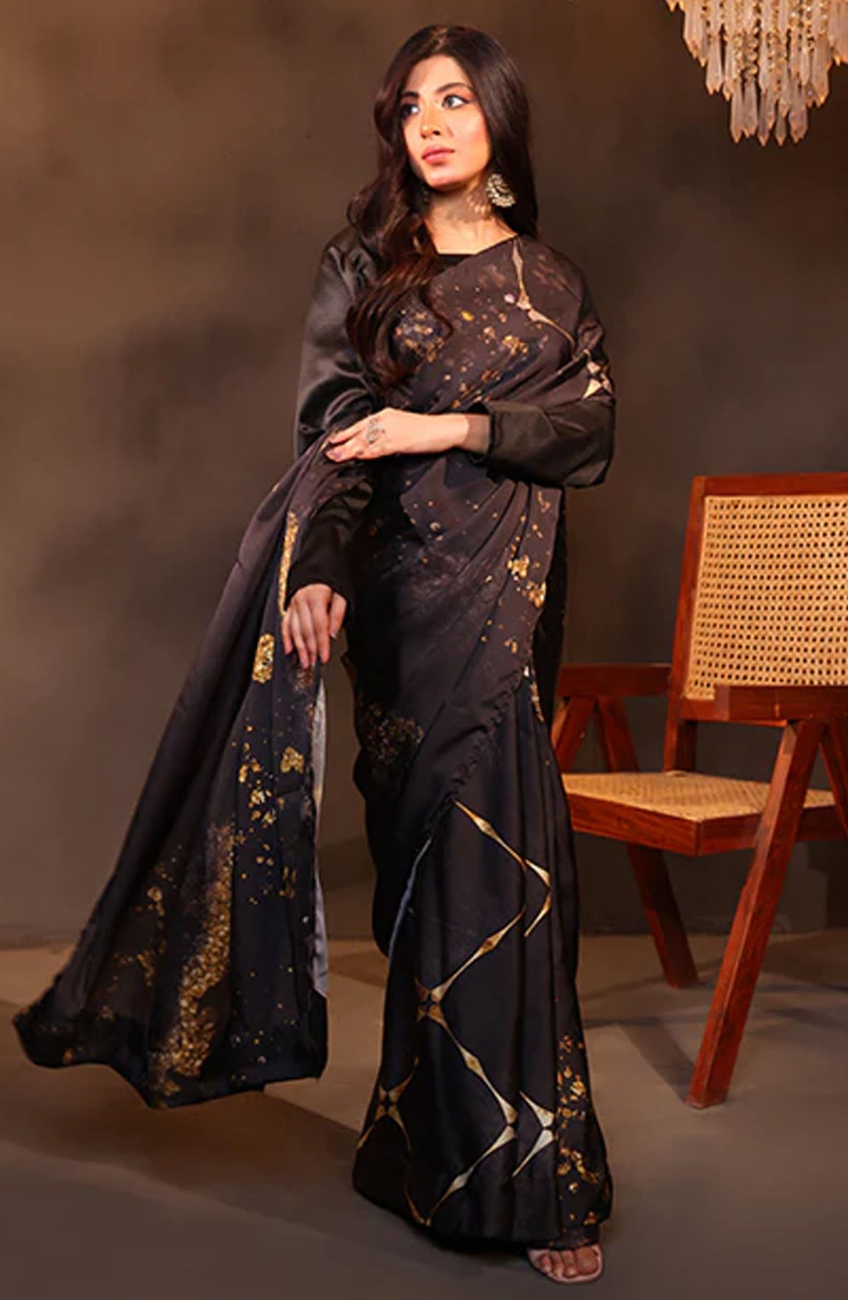 Nazmina Fancy Silk Stitched Saree - Cocoa Dream (LL-07) - NAZ25SC - Black - Festive Collection