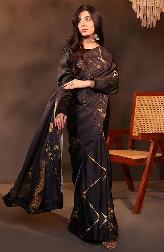 Nazmina Fancy Silk Stitched Saree - Cocoa Dream (LL-07) - NAZ25SC - Black - Festive Collection