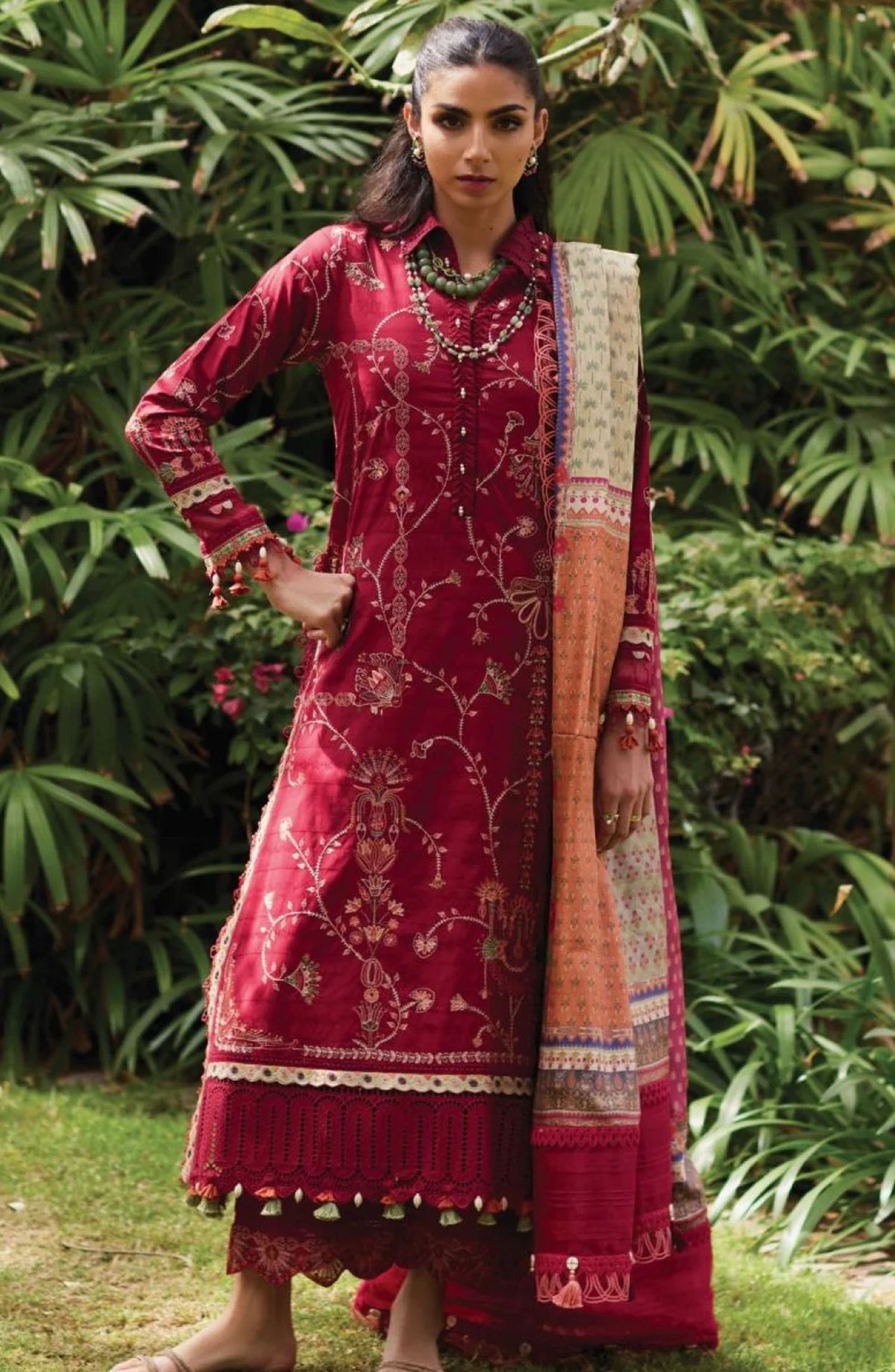 Wes by Farah Talib Embroidered Lawn Suits Unstitched 3 Piece FTA-10 Rosemary Red FTA25WL - Red - Luxury Collection