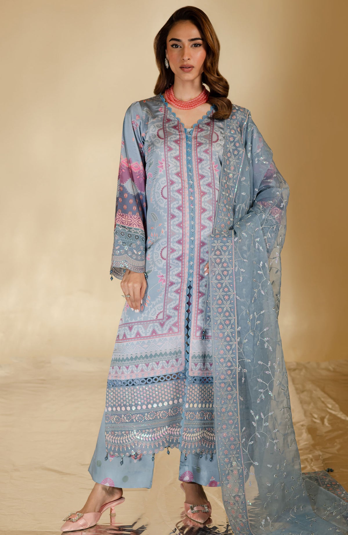 Nureh Embroidered Silk Unstitched 3 Piece Suit - Blue - S-23 - NU25TSE - Festive Collection