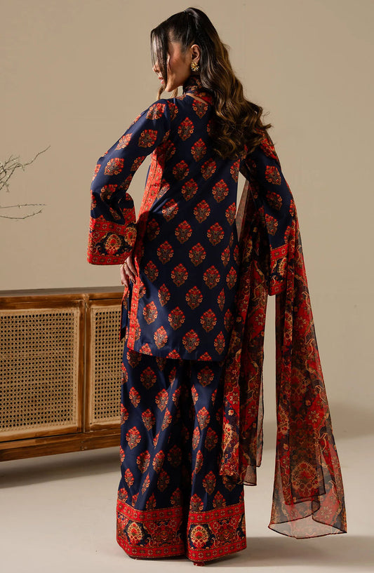 Maria Osama Khan Casual Silk Stitched 3 Piece Suit - M-013 Milania - MOK25RV3 - Blue - Festive Collection