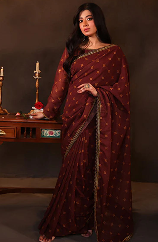 Nazmina Fancy Chiffon Stitched Saree - Maroon Radiance (LL-06) - NAZ25SC - Maroon - Festive Collection