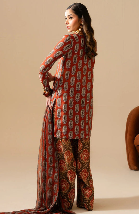 Maria Osama Khan Casual Silk Stitched 3 Piece Suit - M-012 Lara - MOK25RV3 - Orange - Festive Collection