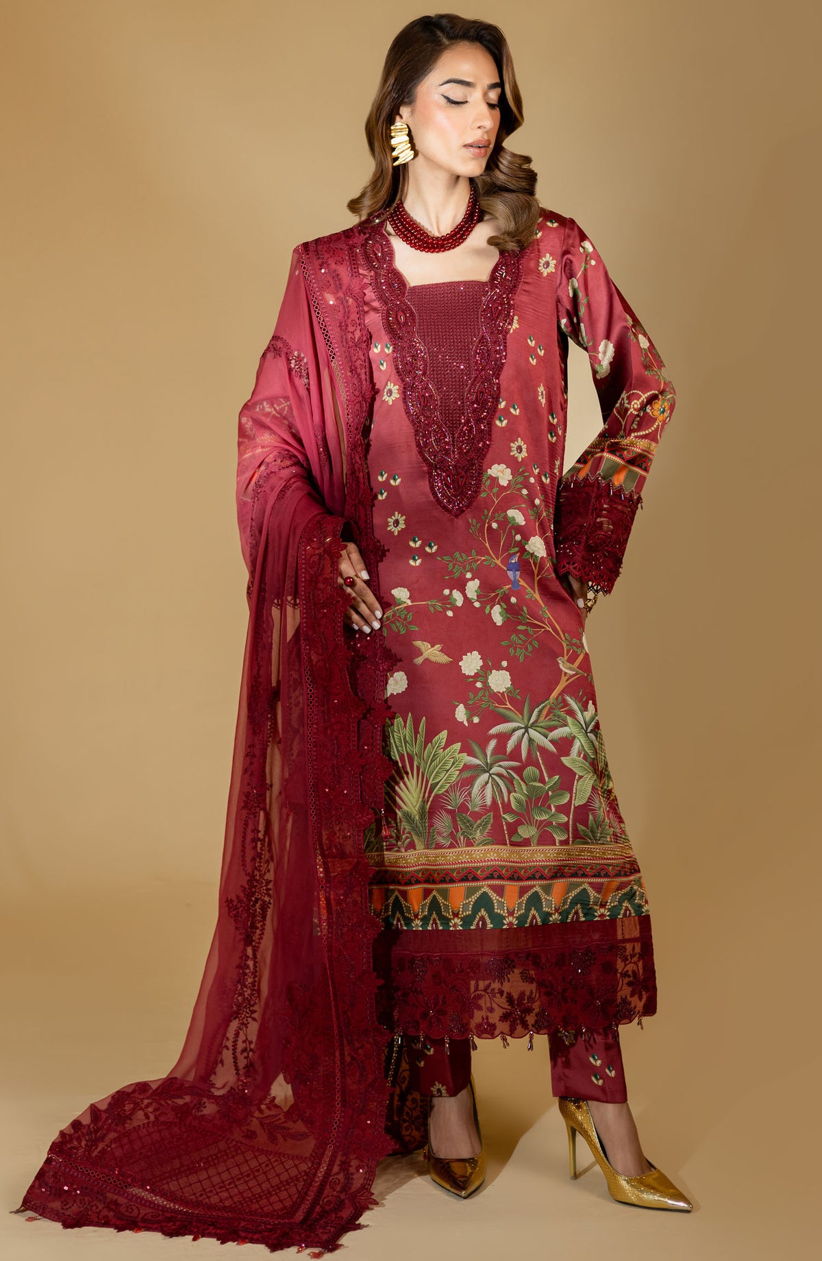 Nureh Embroidered Silk Unstitched 3 Piece Suit - Red - S-22 - NU25TSE - Festive Collection