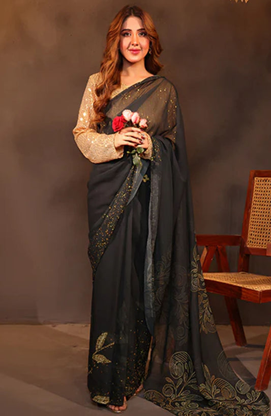 Nazmina Fancy Silk Stitched Saree - Jade Reverie (LL-05) - NAZ25SC - Grey - Festive Collection