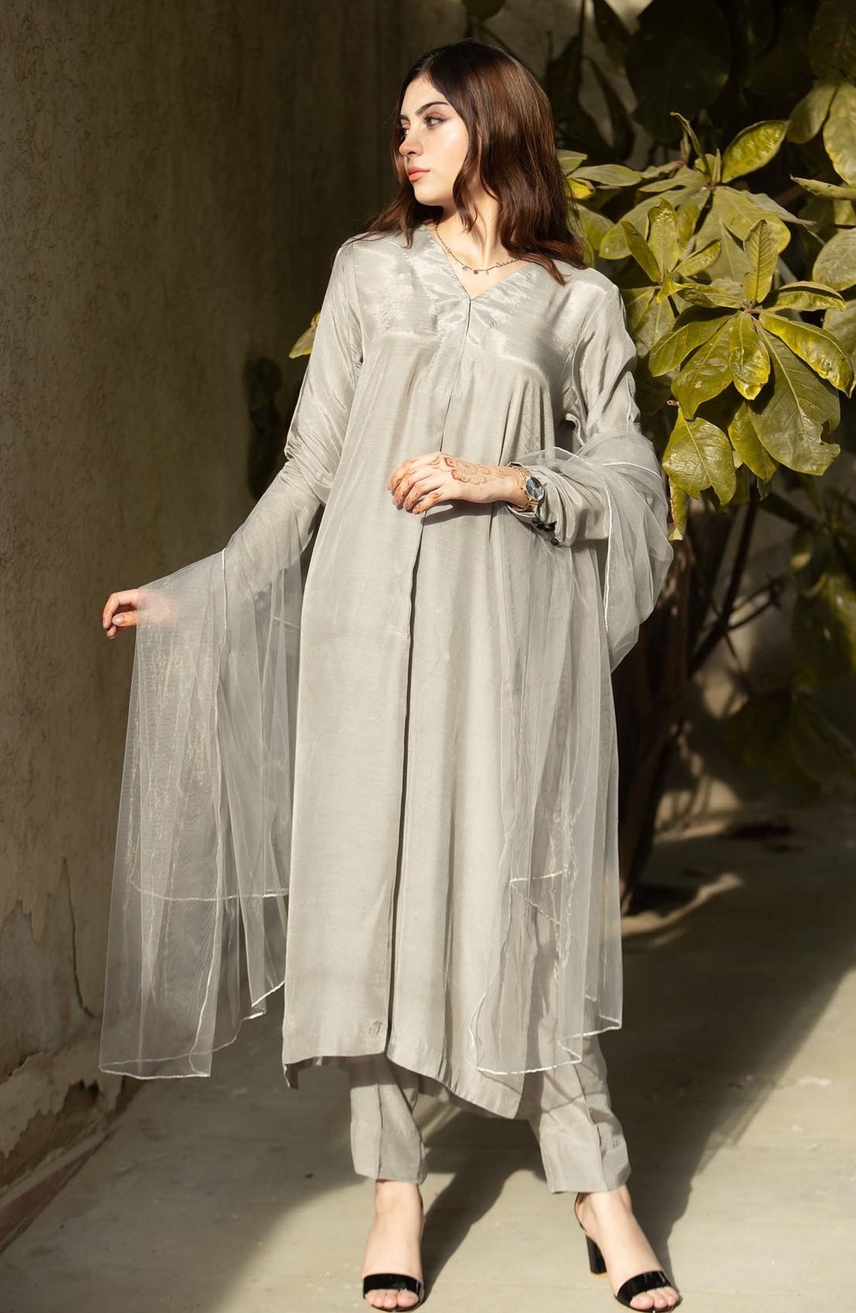 Zauk Silk Stitched 3 Piece Suit - Grey Three Piece - ZK25CC - Casual Collection