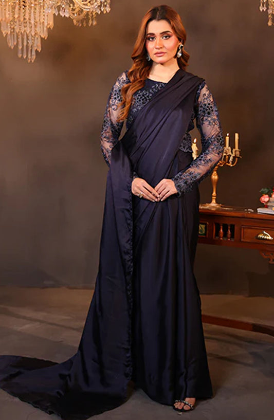 Nazmina Fancy Silk Stitched Saree - Dark Enchantment (LL-04) - NAZ25SC - Blue - Festive Collection