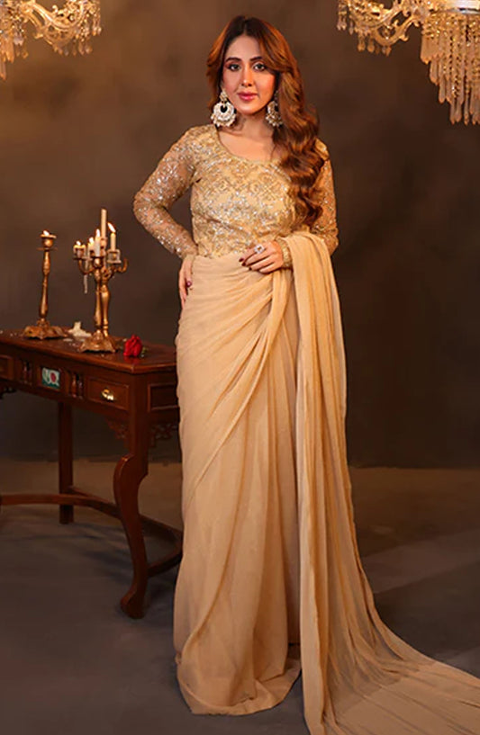 Nazmina Fancy Net Stitched Saree - Celestial Glow (LL-03) - NAZ25SC - Beige - Festive Collection