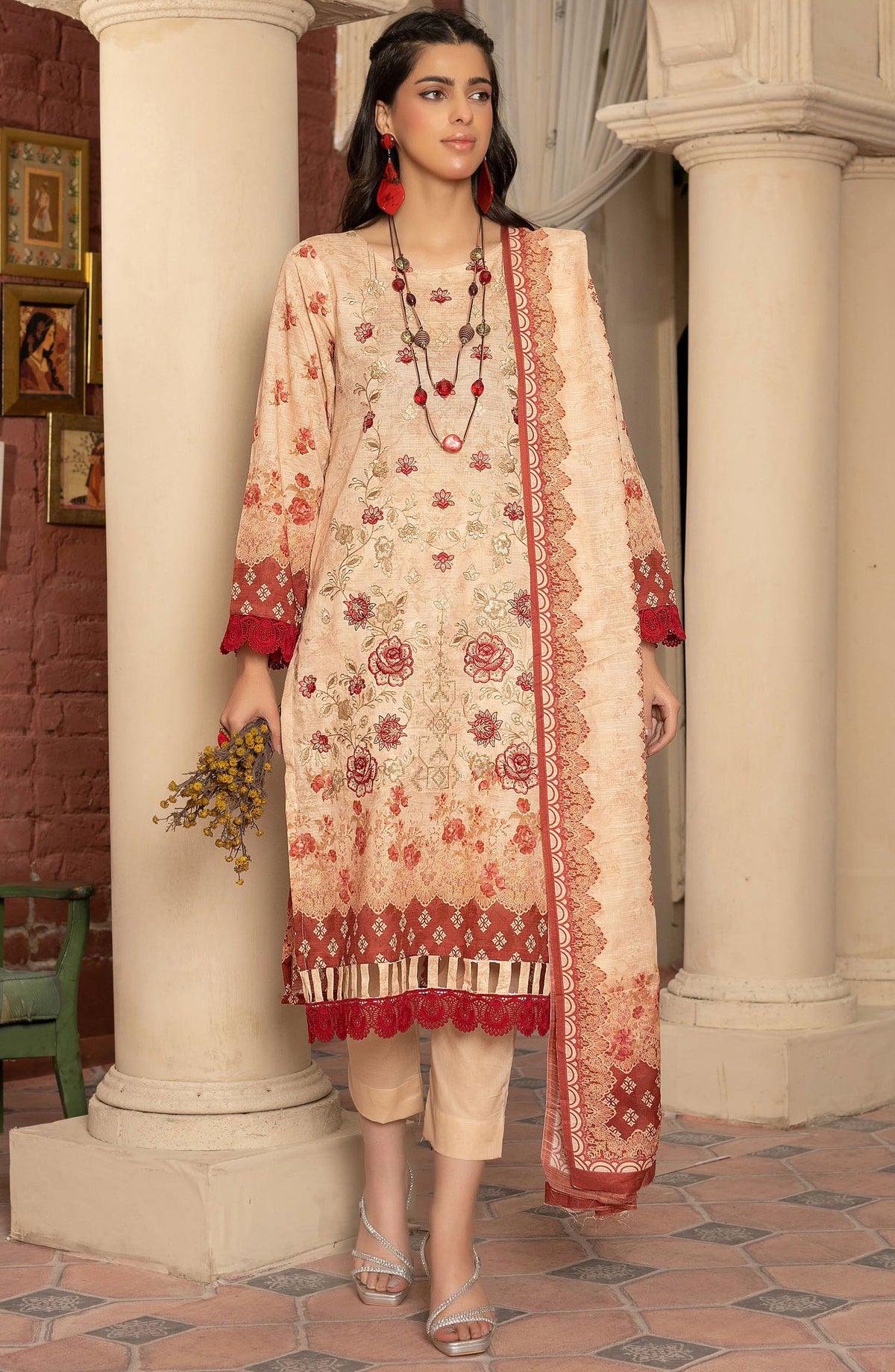 Masooma by Amna Khadija Embroidered Bana Dora Unstitched 3 Piece Suit - D-1 - AM25M514 - Peach - Summer Collection
