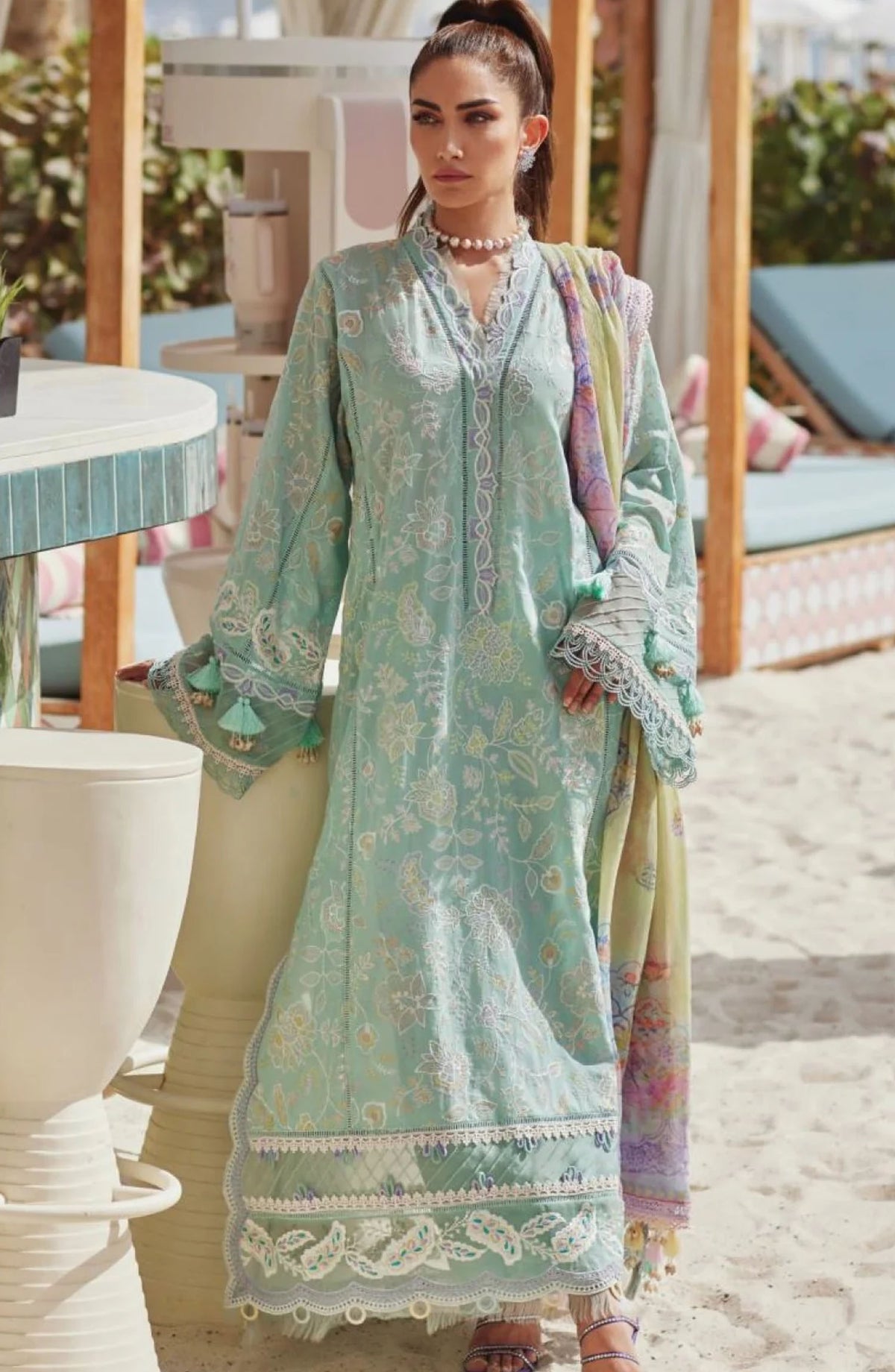 Wes by Farah Talib Embroidered Lawn Suits Unstitched 3 Piece FTA-07 Alice Aqua FTA25WL - Blue - Luxury Collection