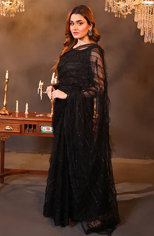 Nazmina Fancy Net Stitched Saree - Midnight Mirge (LL-02) - NAZ25SC - Black - Festive-Collection