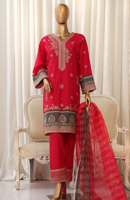 Bin Saeed Embroidered Cotton Stitched 3 Piece Suit - D-04 - BS25TC - Red - Summer Collection