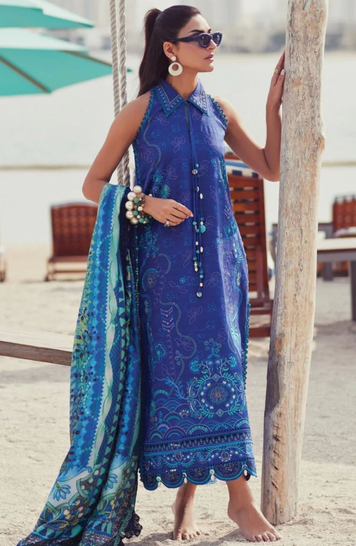 Wes by Farah Talib Embroidered Lawn Suits Unstitched 3 Piece FTA-06 Beryl Deep Blue FTA25WL - Blue - Luxury Collection