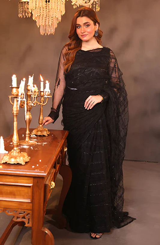 Nazmina Fancy Net Stitched Saree - Midnight Mirge (LL-02) - NAZ25SC - Black - Festive-Collection