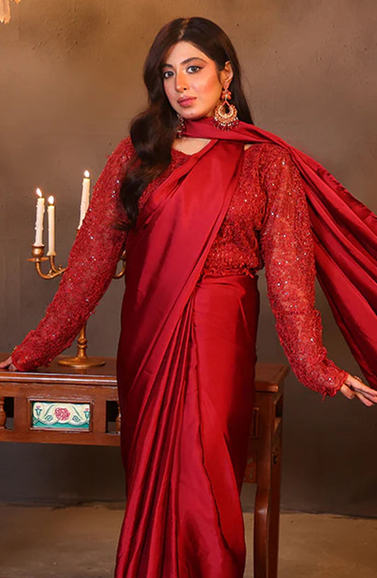 Nazmina Fancy Silk Stitched Saree - Ruby Grace (LL-01) - NAZ25SC - Red - Festive Collection