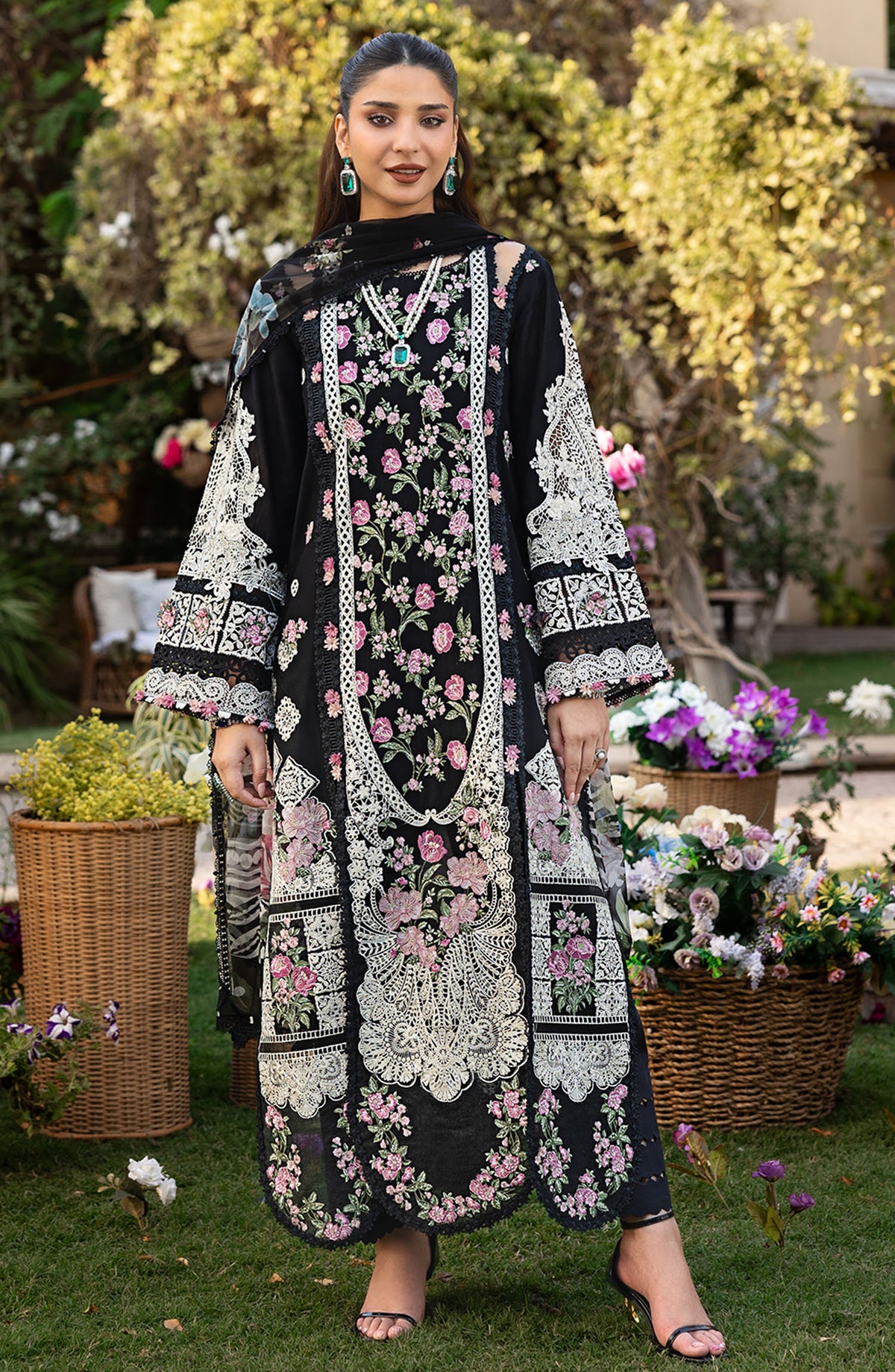 Elaf Embroidered Lawn Unstitched 3 Piece Suit - ELM-4 Mahjabeen - EL25LLC - Black - Summer Collection