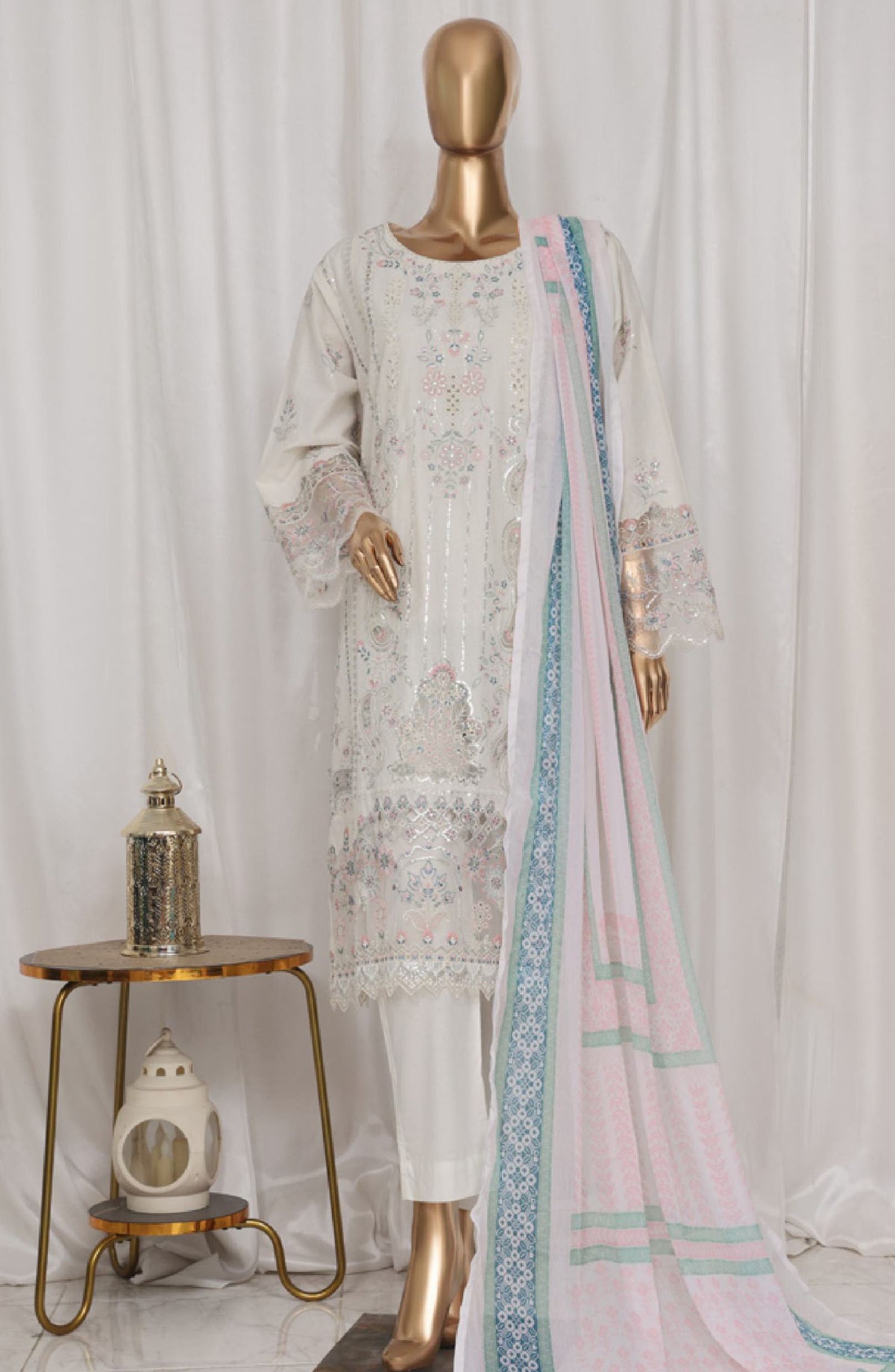 Bin Saeed Embroidered Lawn Stitched 3 Piece Suit - LF-011B - BS25LPCV3 - White - Summer Collection
