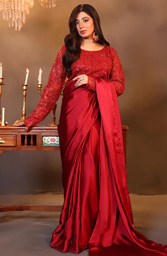 Nazmina Fancy Silk Stitched Saree - Ruby Grace (LL-01) - NAZ25SC - Red - Festive Collection