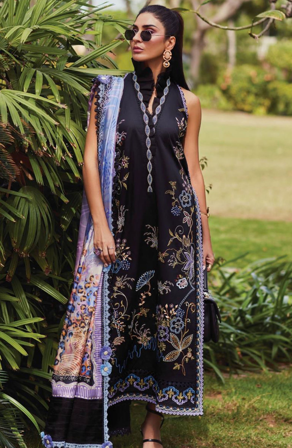 Wes by Farah Talib Embroidered Lawn Suits Unstitched 3 Piece FTA-05 Belle Black FTA25WL - Black - Luxury Collection