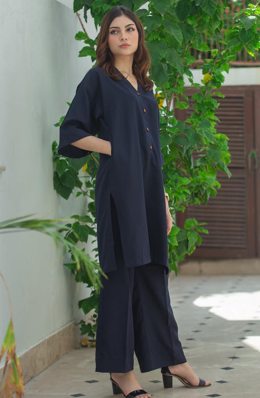 Zauk Georgette Stitched 2 Piece Suit - Navy Blue Two Piece - ZK25CC - Casual Collection