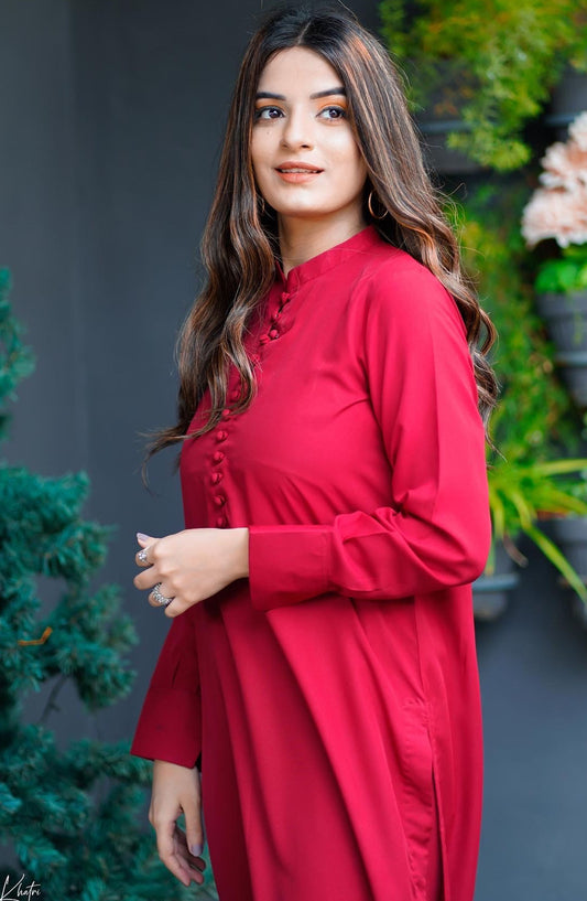 Zauk Georgette Stitched 2 Piece Suit - Red Two Piece - ZK25CC - Casual Collection