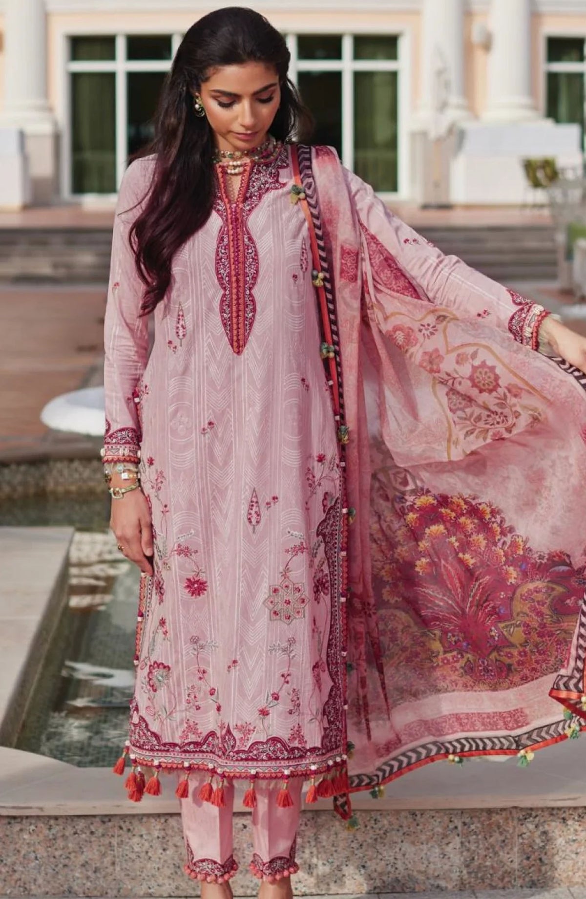 Wes by Farah Talib Embroidered Lawn Suits Unstitched 3 Piece FTA-03 Prciscilla Pink FTA25WL - Pink - Luxury Collection