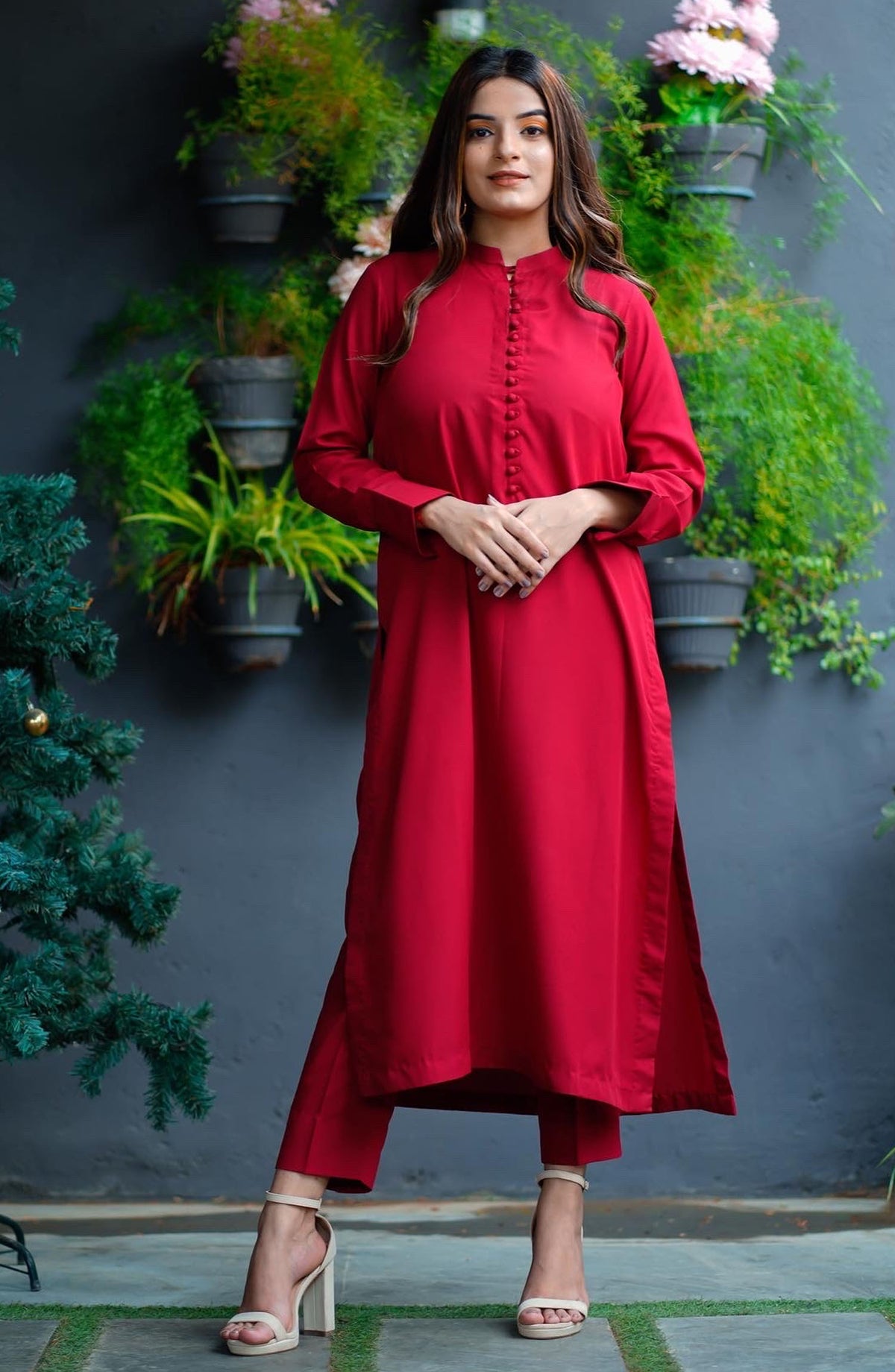 Zauk Georgette Stitched 2 Piece Suit - Red Two Piece - ZK25CC - Casual Collection